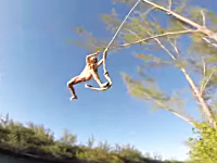 流血注意。ロープスイングでロープが足に絡まって痛い事になったビキニギャル