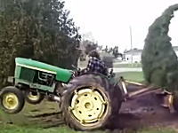 引っこ抜こうとするトラクターに抵抗するツリーｗ